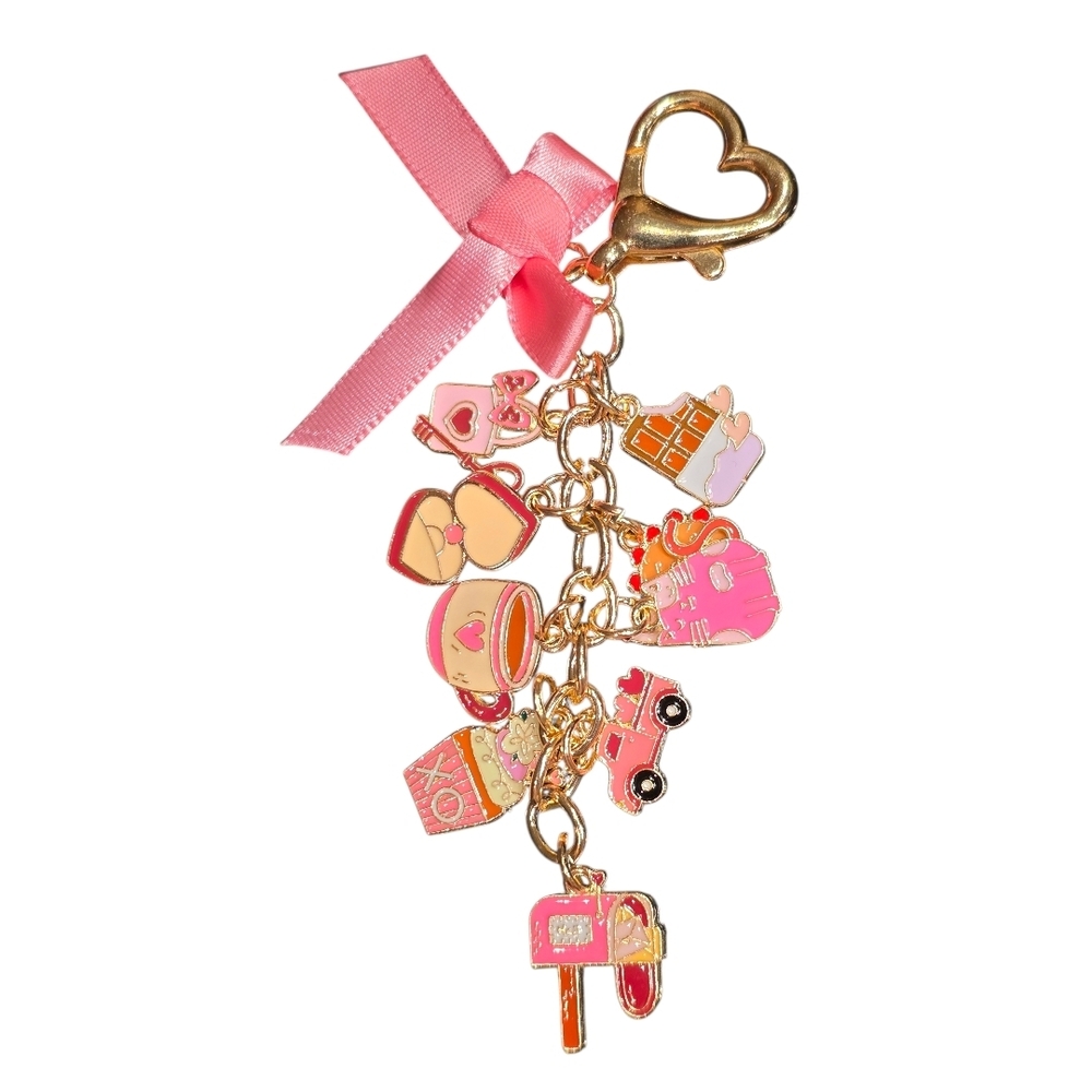 NWT Pink Coquette Bag Charm Heart Clasp Bow Enamel Purse Keychain